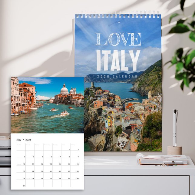 Calendario 2026 Love Italy Calendar (Italy 2026 wall calendar cover showing sunlit Italian villages, coastal views, and landscapes)