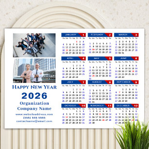 Calendario 2026 Negocio Simple Azul Rojo Magnético