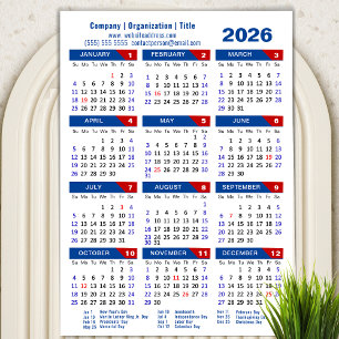 Calendario 2026 Negocio Simple Azul Rojo Magnético