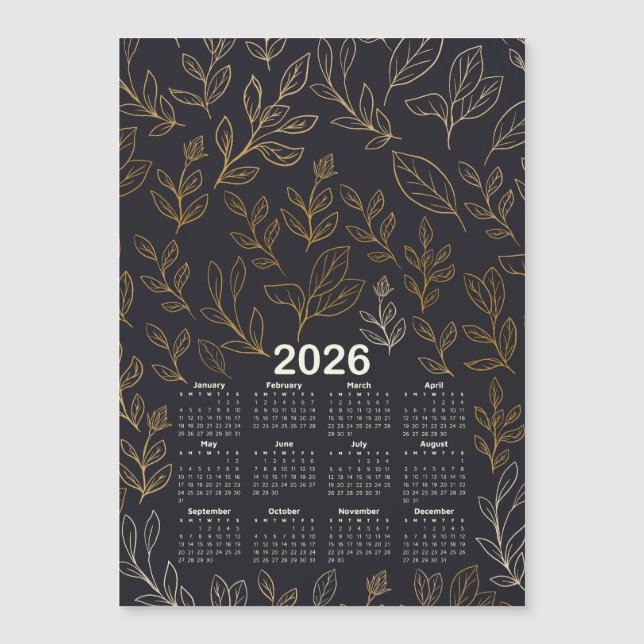 Calendario 2026 Patrón de hojas de oro elegantes (Anverso)
