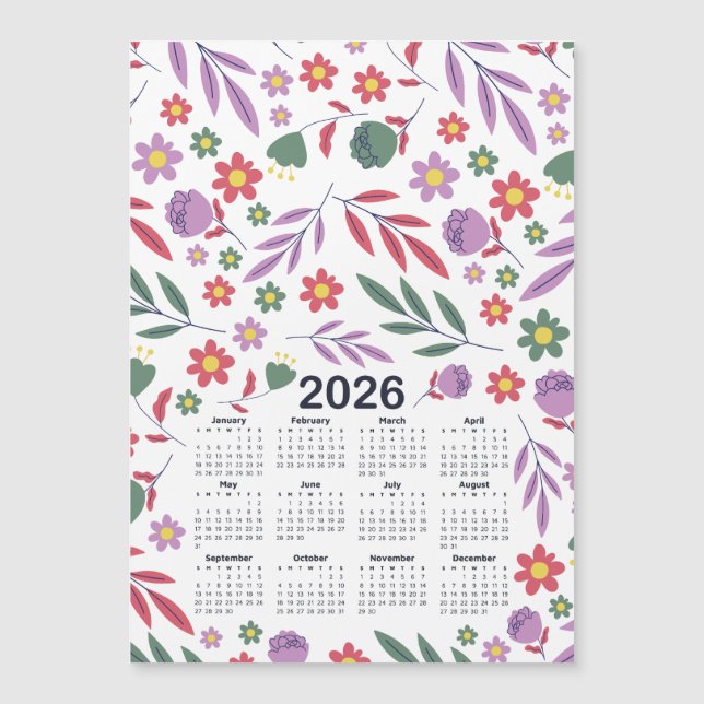 Calendario 2026 Patrón morado y floral rojo (Anverso)