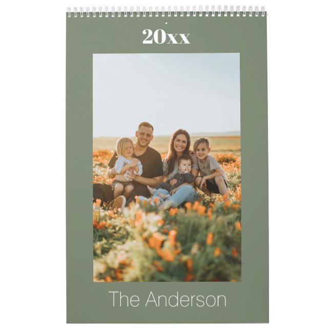 Calendario 2026 Sage Green Custom Family Photo (Tapa)