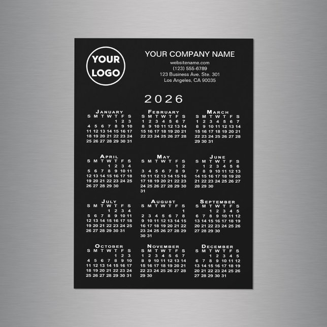 Calendario 2026 Texto del logotipo de negocios Tar (2026 Calendar Business Logo Text Black Magnet Card, in situ)