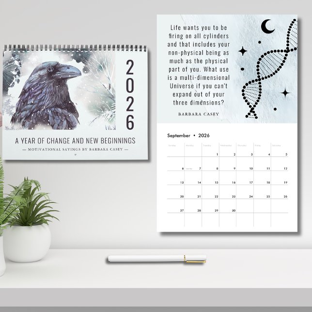 Calendario 2026 Universal Year of Change Motivational Sayings (2026 Year of Changes New Beginnings Raven Symbolism Barbara Casey Quotes Calendar)