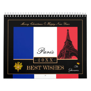 Calendario 2027 Bandera francesa y Torre Eiffel Feliz Año Nue