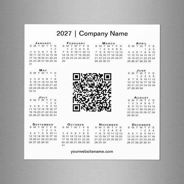 Calendario 2027 Código QR Empresarial Personalizad (2027 Calendar Custom Business QR Code White Magnet in situ)