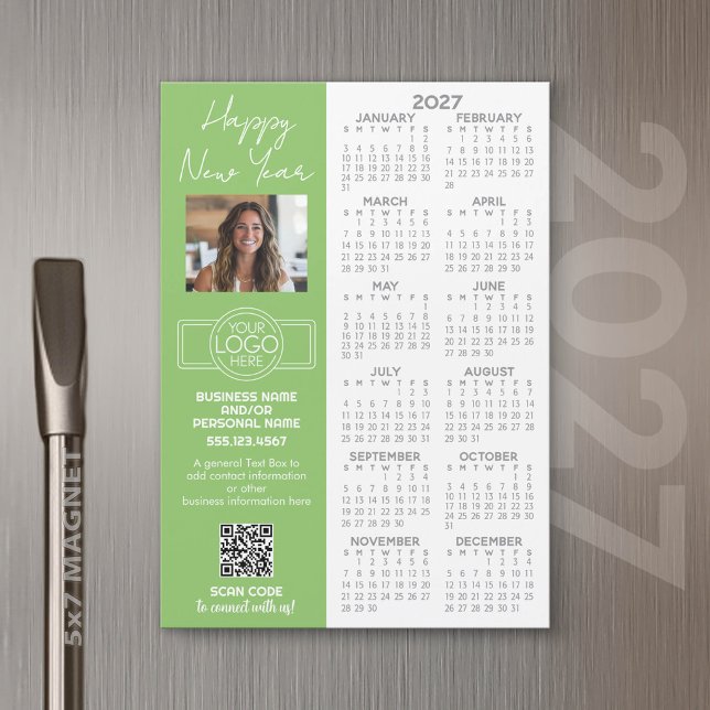 Calendario 2027 IMÁN - logo, Código QR, Foto Plus (2027 Calendar Magnet for Business Promotion)