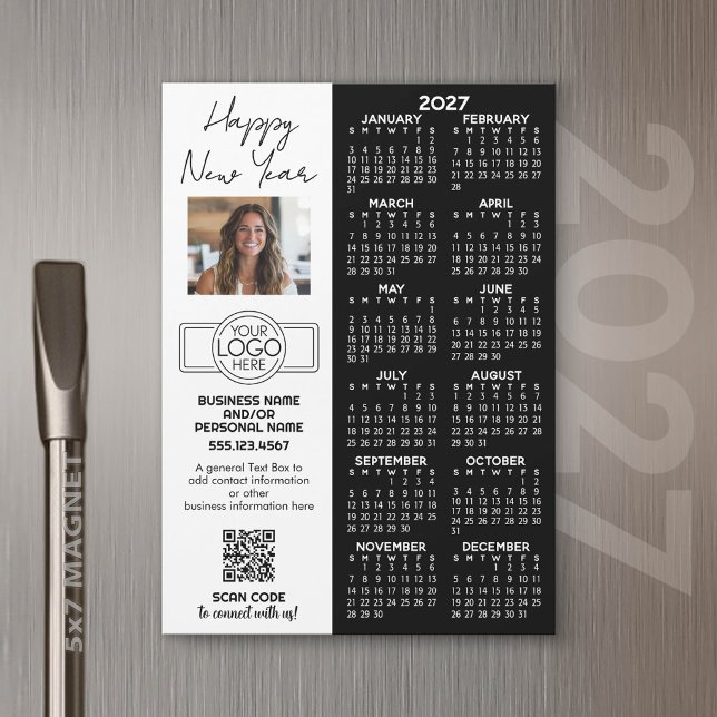 Calendario 2027 IMÁN - logo, Código QR, Foto Plus (2027 Calendar Magnet for Business Promotion)