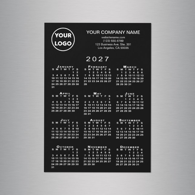 Calendario 2027 Logo de Negocio Texto Imán de Tarj (2027 Calendar Business Logo Text Black Magnet Card in situ)
