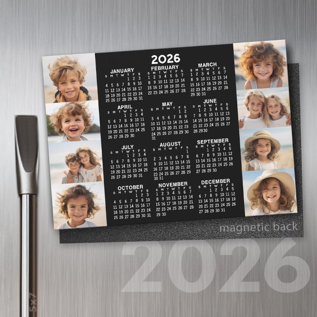 Calendario - 8 fotos - Magnate blanco negro básico (2026 Calendar on a Refrigerator Magnet with a Photo Collage)