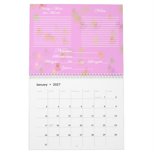 Calendario abierto del primer año del bebé (Jan 2027)