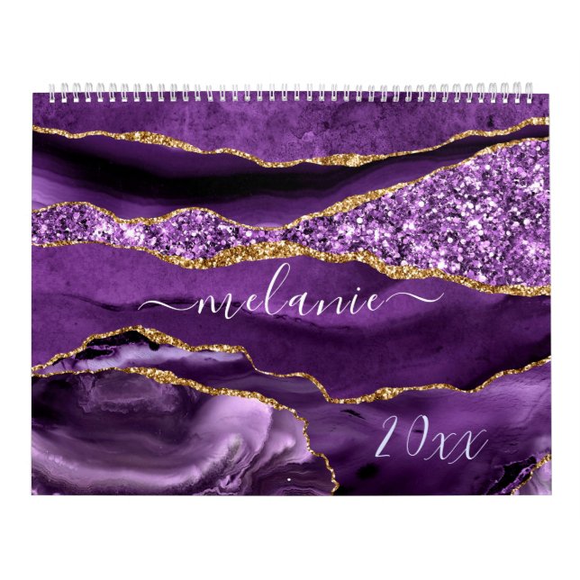 Calendario Agple violeta púrpura Purpurina de oro Geode Nombr (Tapa)