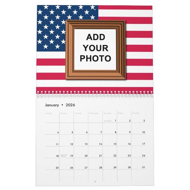 Calendario Añadir sus fotos Bandera Americana Patriótica 2025 (Jan 2026)
