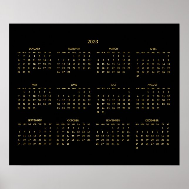 Calendario Anual 2023 Póster de Oro Falso y Negro (Frente)