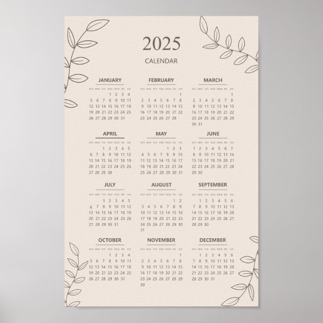 Calendario anual 2025 Arte de línea floral Minimal (Frente)