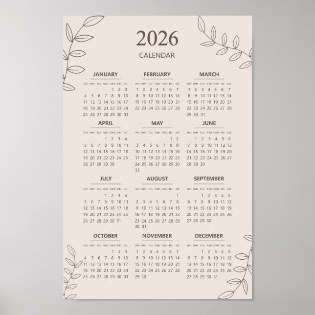 Calendario Anual 2026 Arte en Línea Floral Minimal (Frente)