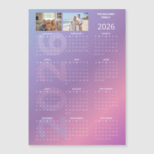 Calendario Anual 2026 Rosa Azul Foto Personalizada (Anverso)