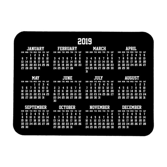 Calendario Anual Negro 2019 Pequeños imanes flexib (Horizontal)