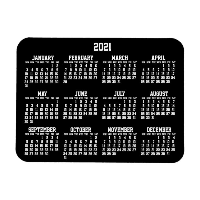 Calendario Anual Negro 2021 Pequeños imanes flexib (Horizontal)