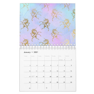 Calendario Arte de Acuarela Colores Suaves Unicornio Dorado F