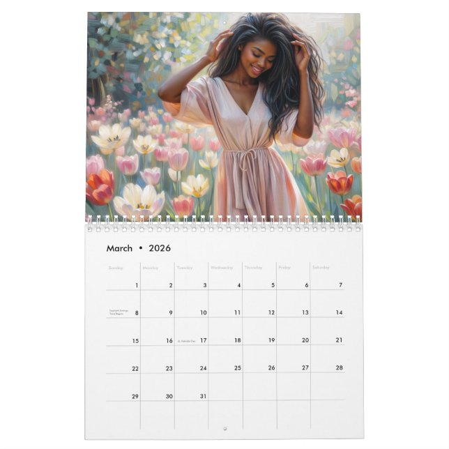 Calendario Beautiful Black Women Floral Artwork Calendar (Mar 2026)