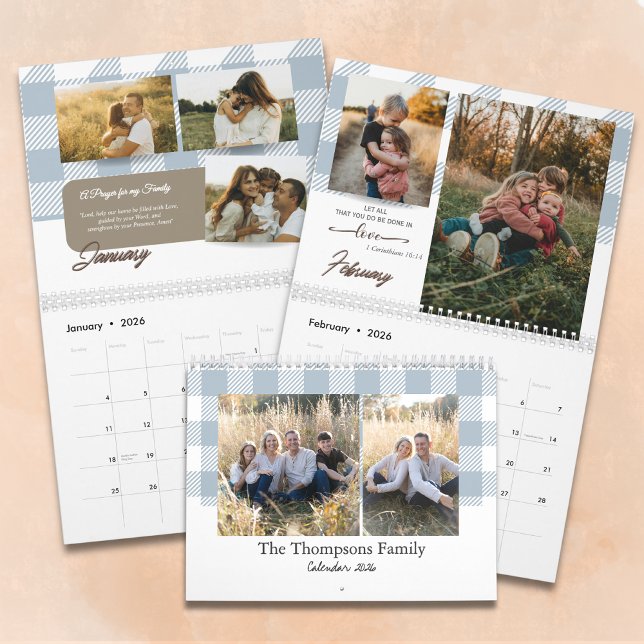 Calendario Bible Verse Dusty Blue Buffalo Plaid Family Photo (Subido por el creador)