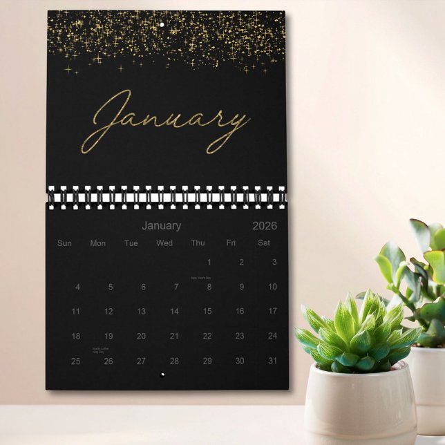 Calendario Black and Gold Glitter Elegant Modern Script 2026 (In situ)