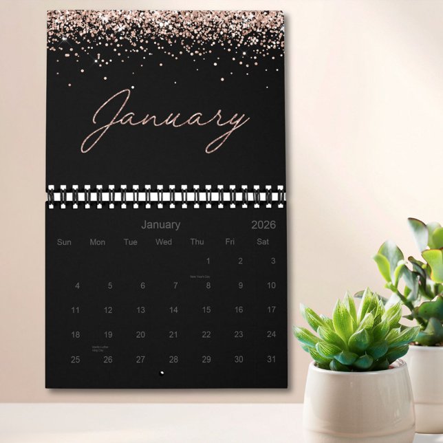 Calendario Black Rose Gold Glitter Elegant Modern Script 2026 (In situ)