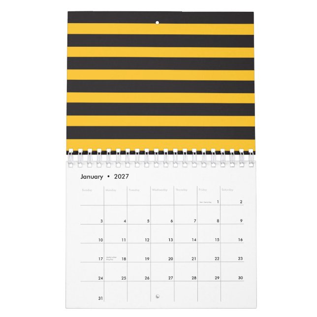Calendario Black Yellow Horizontal Lines Geometric Bee Animal (Jan 2027)