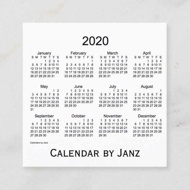 Calendario blanco 2020 por tarjeta de presentación (Anverso)