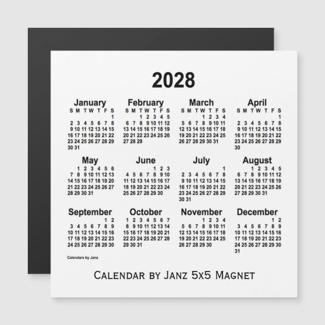 Calendario Blanco 2028 por Janz 5x5 Magnet (Anverso/Reverso)