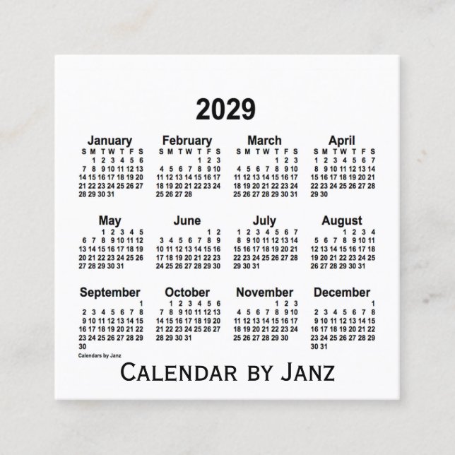 Calendario Blanco 2029 por tarjeta de visita Janz  (Anverso)