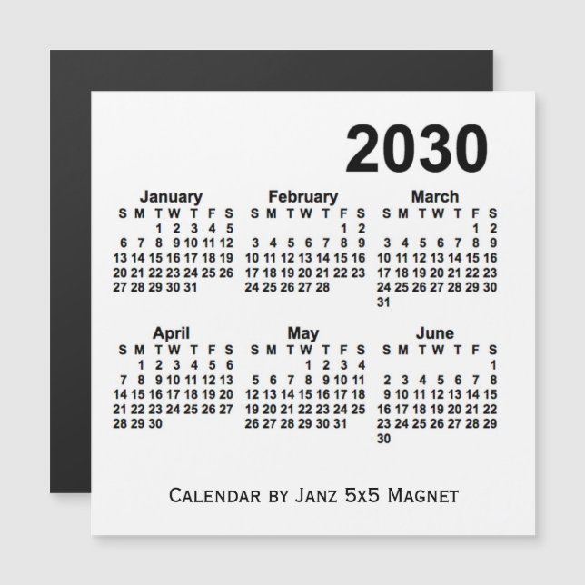 Calendario Blanco de 6 meses de 2030, de Janz 5x5  (Anverso/Reverso)
