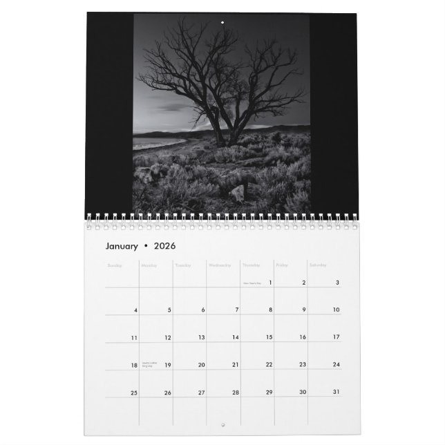 Calendario Blanco y negro clásico (Jan 2026)