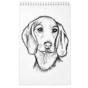 Calendario boceto de perro salchicha dibujado a mano en negro