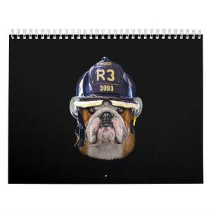 Calendario Bulldog inglés gruñón con casco para bomberos