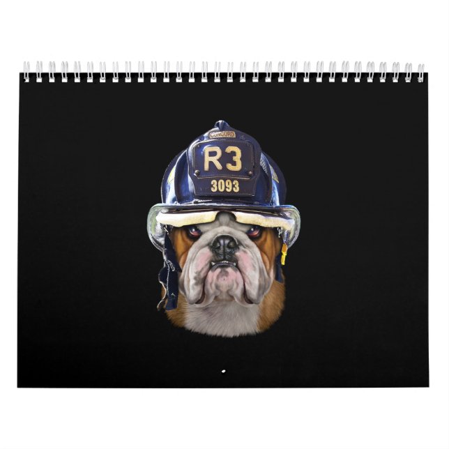 Calendario Bulldog inglés gruñón con casco para bomberos (Tapa)