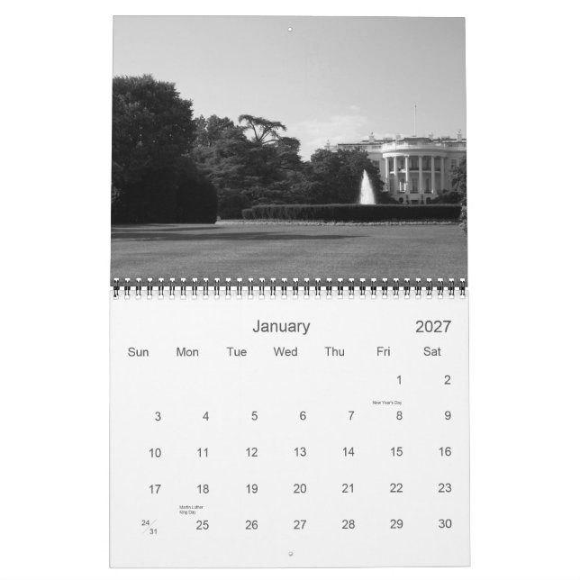 Calendario C.C. de Washington en negro y blanco (Jan 2027)
