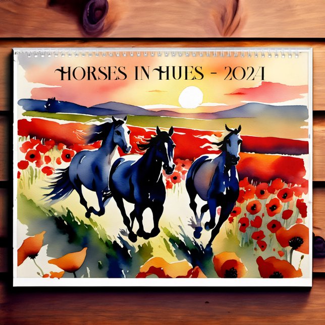 Calendario Caballos en tonos acuáticos regalo 2024 (Horses in hues watercolor horse lovers gift 2024 calendar)