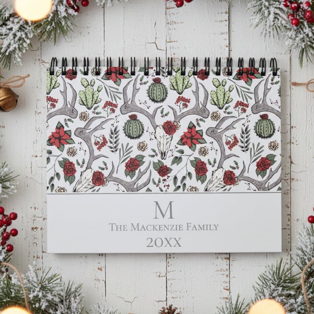Calendario Cactus, navidades Rosas de cráneo de reno floral (Elegant Rustic Floral Reindeer Skull, Red Roses & Poinsettia Vintage Country Christmas Calendars )