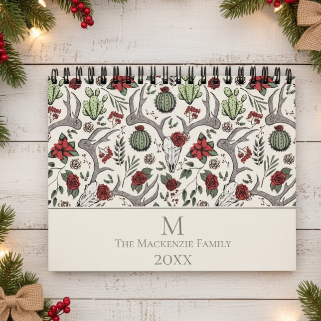 Calendario Cactus, navidades Rosas de cráneo de reno floral (Elegant Rustic Floral Reindeer Skull, Red Roses & Poinsettia Vintage Country Christmas Calendars )