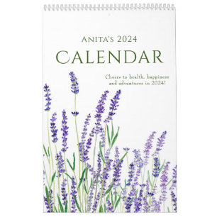 Calendario calénder floral azul acuarela y púrpura 2024