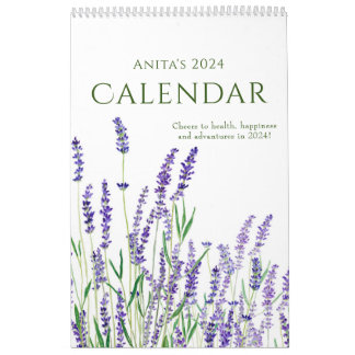 Calendario calénder floral azul acuarela y púrpura 2024