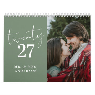 Calendario Caligrafía de guión Foto de recién casados Verde s