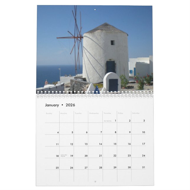 Calendario Casa Blanca azul hermosa del mar de Grecia (Jan 2026)