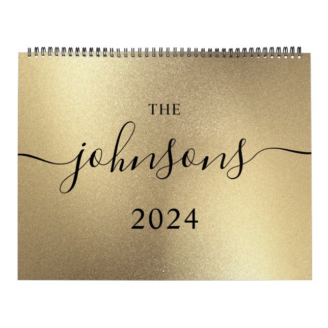 Calendario Champagne Gold Modern Script Name Photo (Tapa)