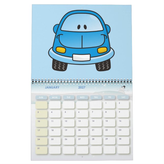 Calendario Coche de dibujos animados azul (Jan 2027)
