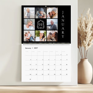 Calendario Collage de Fotos Familiares con Cresta de Monogram