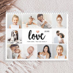Calendario Collage de fotos simple y Moda | Amor con corazón<br><div class="desc">Este calendario de moda en blanco y negro de 2024 incluye una cuadrícula de fotos en la portada, con diez de tus fotos personales, y una moderna tipografía de escritura que dice "amor". También hay un pequeño y elegante corazón con un falso aspecto de oro rosa. Cada mes tiene su...</div>