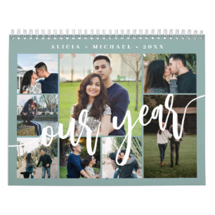 Calendario Collage minimalista moderno de fotos azul polvorie